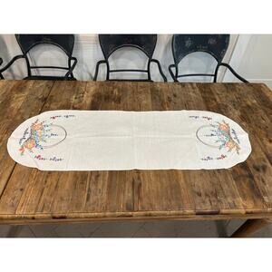 Vintage white linen table dresser runner hand embroidered baskets of flowers